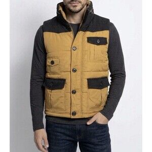 Vest Paul Rizk Hooded Quilted Full Zip Mustard Yellow Gray Camo Lined Men Sz XL